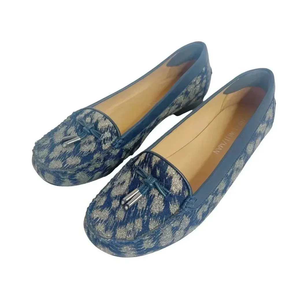 Stuart Weitzman Blue Leather and Gold Glitter Loafer Flats Size 8.5